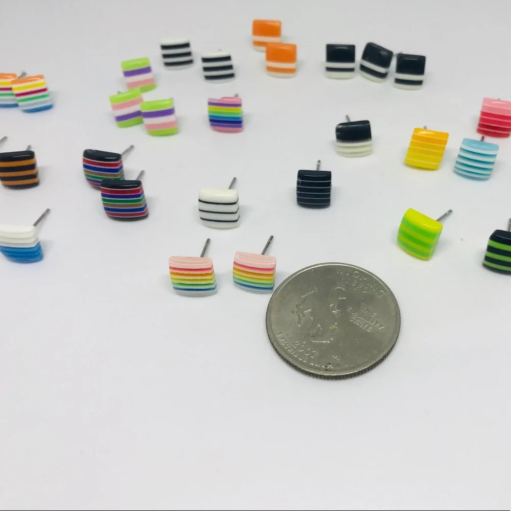 Black Mixed Multi Color Minimalist Repurposed Vintage Striped Bead Stud Earrin…